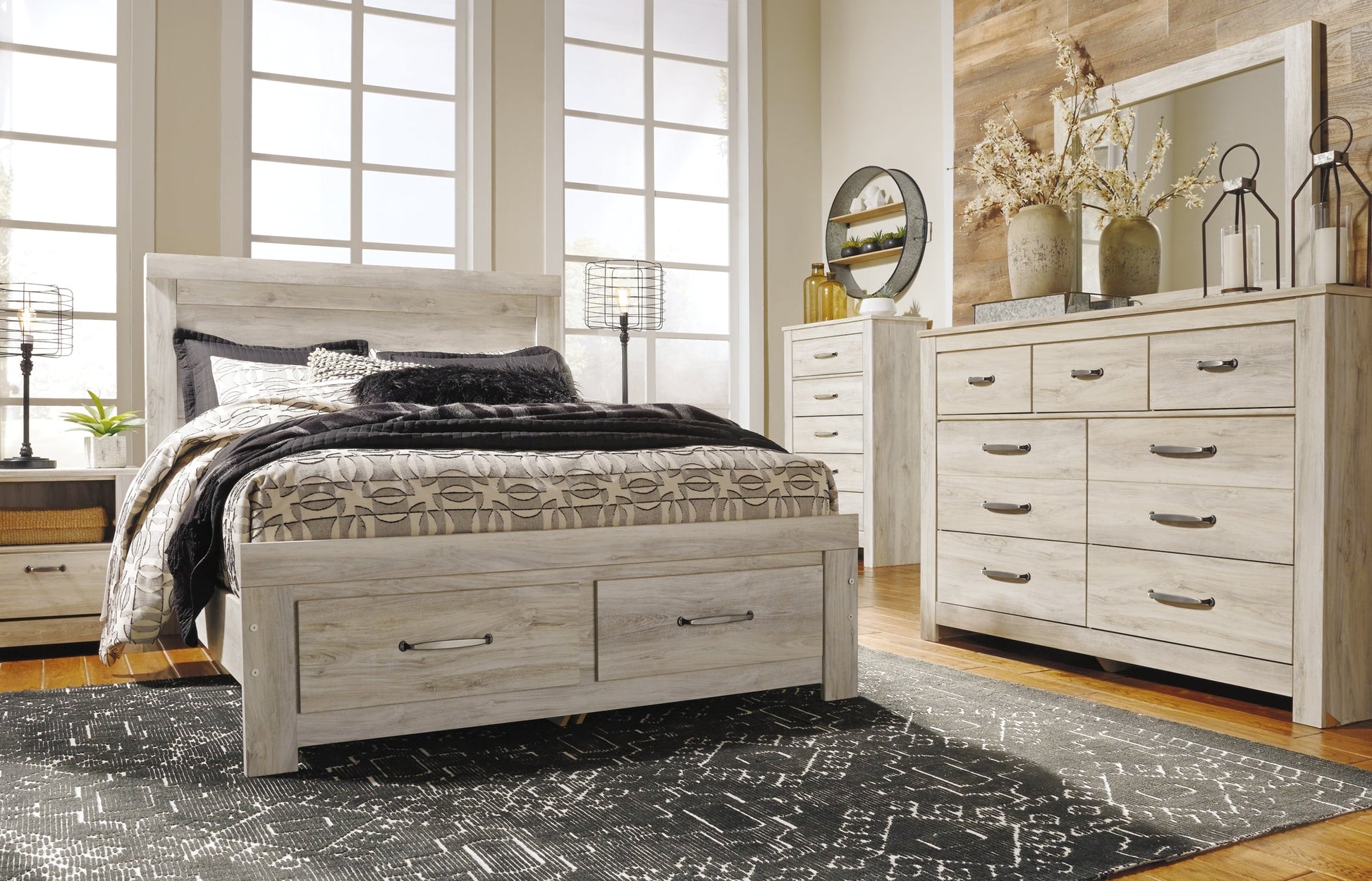 Bellaby Queen Panel Headboard with Mirrored Dresser, Chest and Nightstand at Walker Mattress and Furniture Locations in Cedar Park and Belton TX.