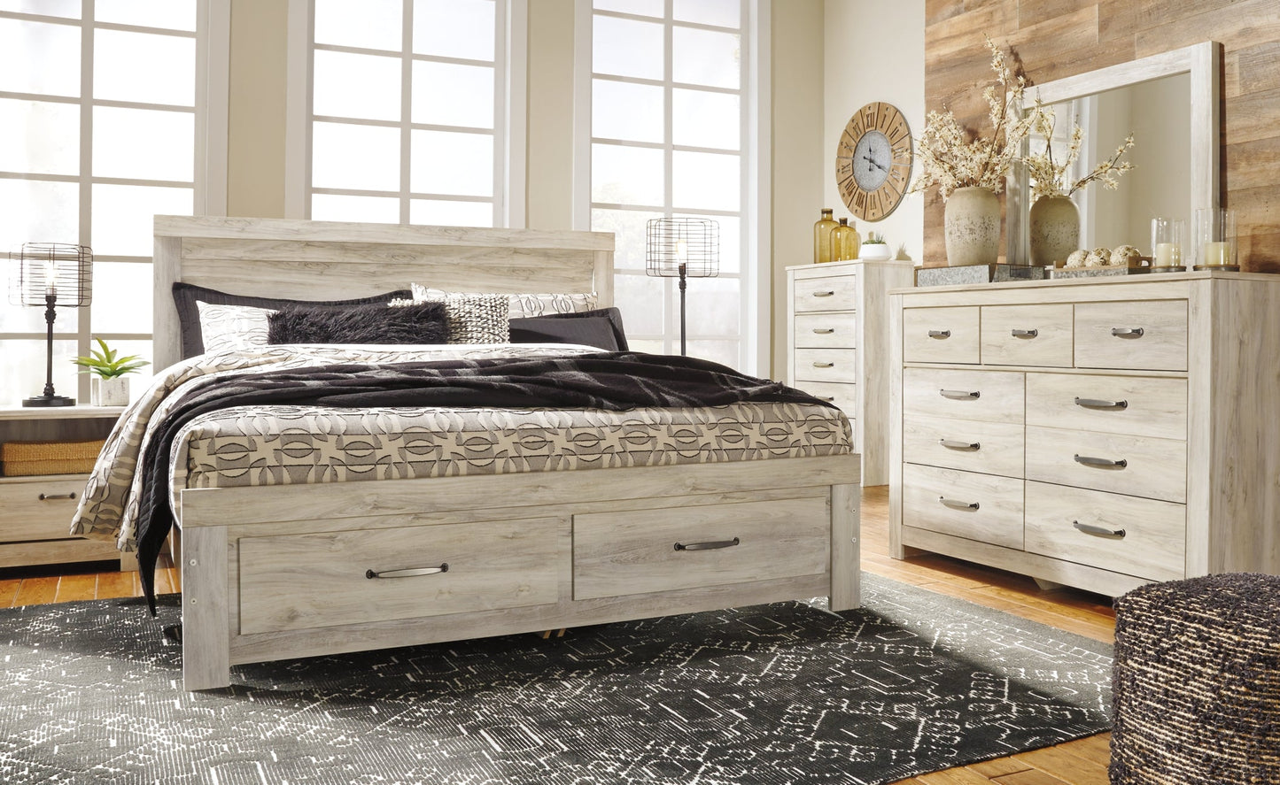 Bellaby Queen Panel Headboard with Mirrored Dresser, Chest and Nightstand at Walker Mattress and Furniture Locations in Cedar Park and Belton TX.
