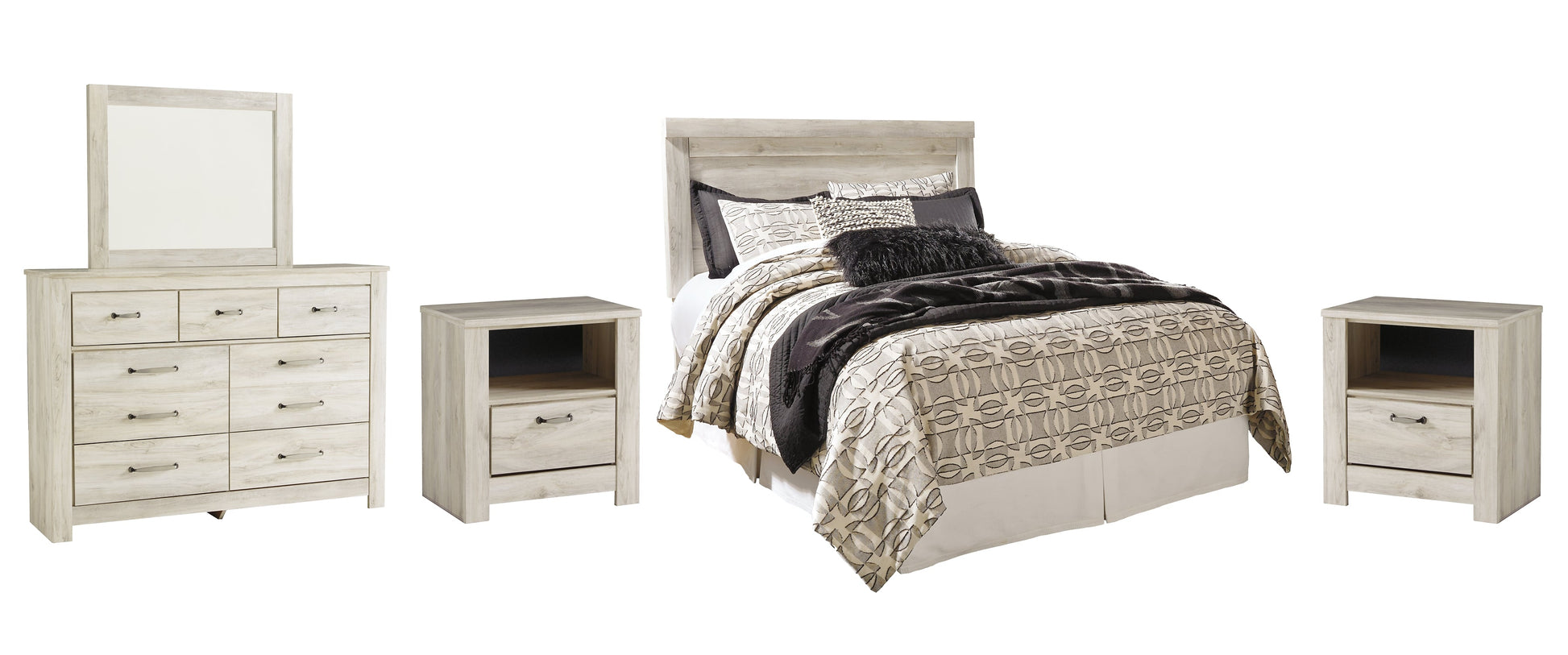 Bellaby Queen Panel Headboard with Mirrored Dresser and 2 Nightstands at Walker Mattress and Furniture Locations in Cedar Park and Belton TX.