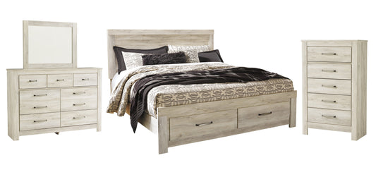 Bellaby Queen Platform Bed with 2 Storage Drawers with Mirrored Dresser and Chest at Walker Mattress and Furniture Locations in Cedar Park and Belton TX.