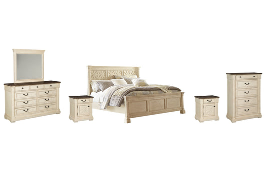 Bolanburg King Panel Bed with Mirrored Dresser, Chest and 2 Nightstands at Walker Mattress and Furniture Locations in Cedar Park and Belton TX.