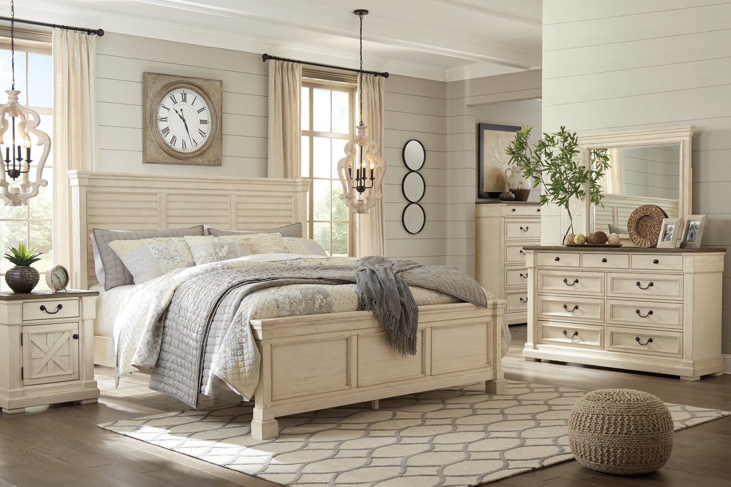 Bolanburg King Panel Bed with Mirrored Dresser and 2 Nightstands at Walker Mattress and Furniture Locations in Cedar Park and Belton TX.