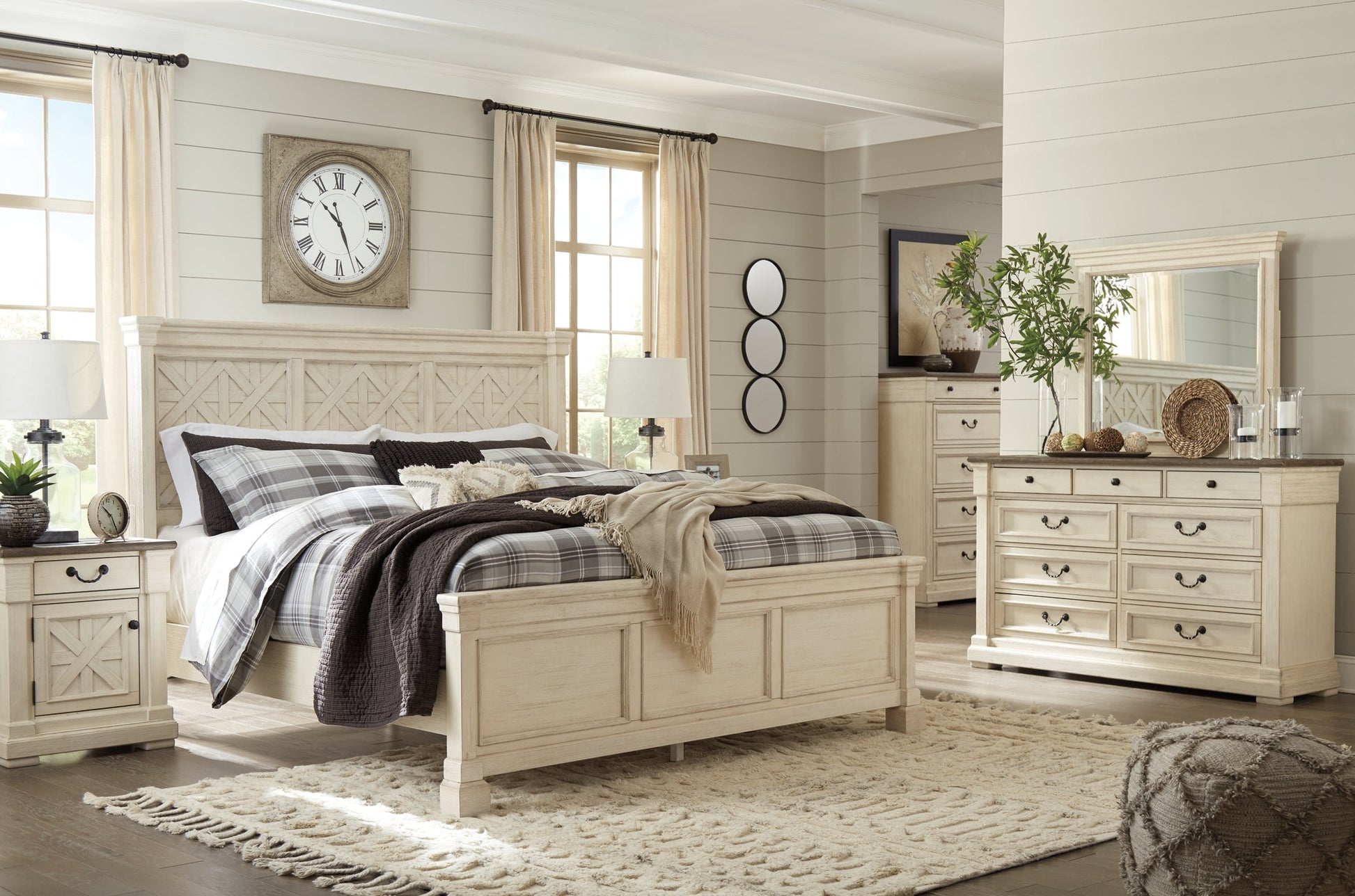 Bolanburg King Panel Bed with Mirrored Dresser and Chest at Walker Mattress and Furniture Locations in Cedar Park and Belton TX.