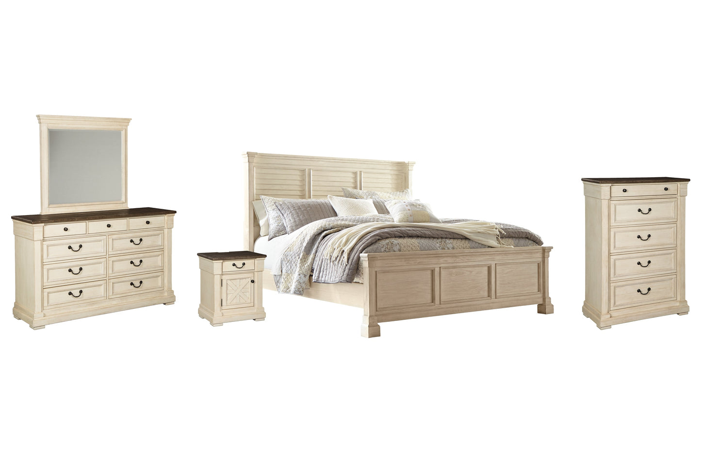 Bolanburg Queen Panel Bed with Mirrored Dresser, Chest and Nightstand at Walker Mattress and Furniture Locations in Cedar Park and Belton TX.