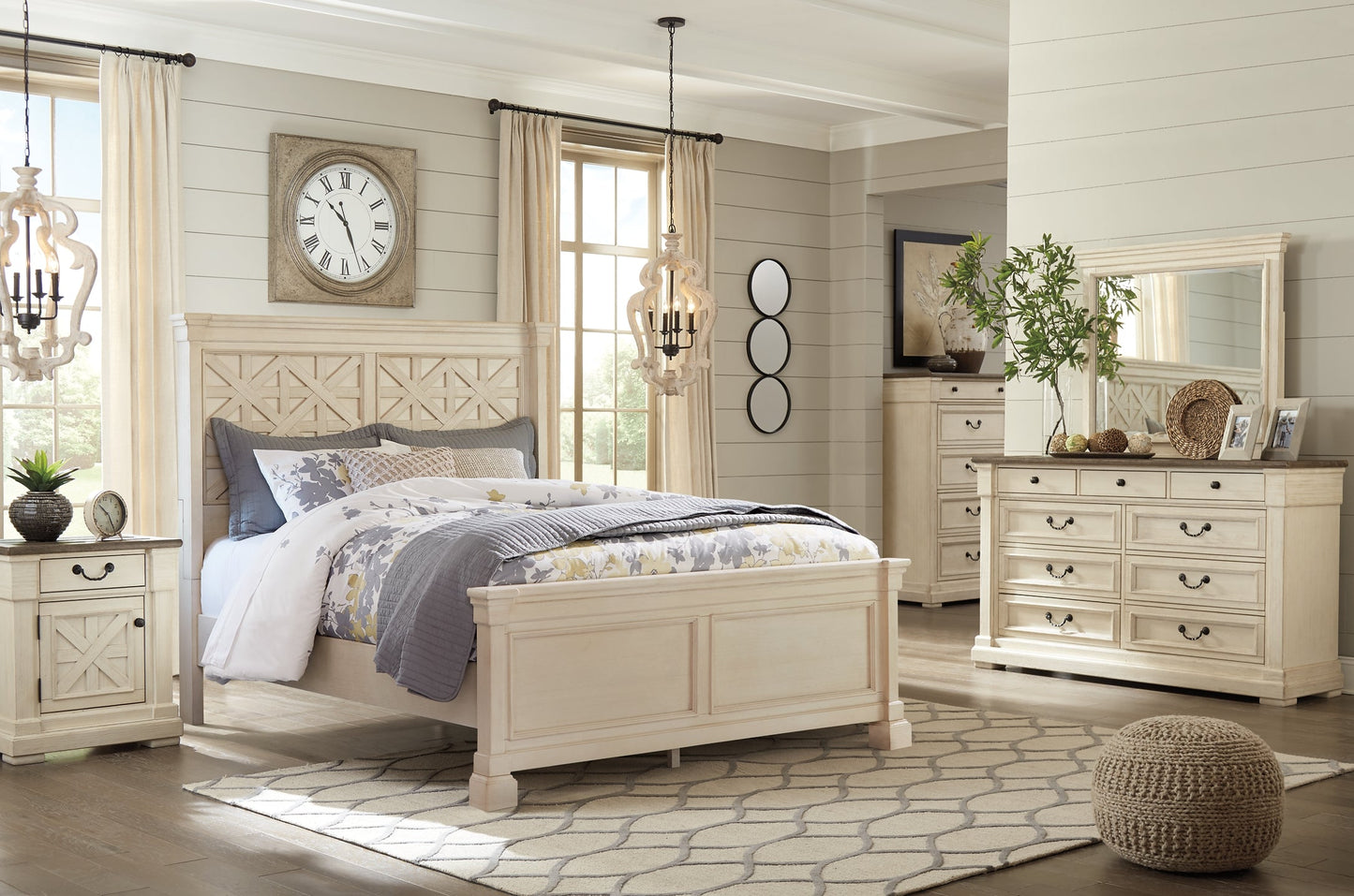 Bolanburg Queen Panel Bed with Mirrored Dresser, Chest and Nightstand at Walker Mattress and Furniture Locations in Cedar Park and Belton TX.
