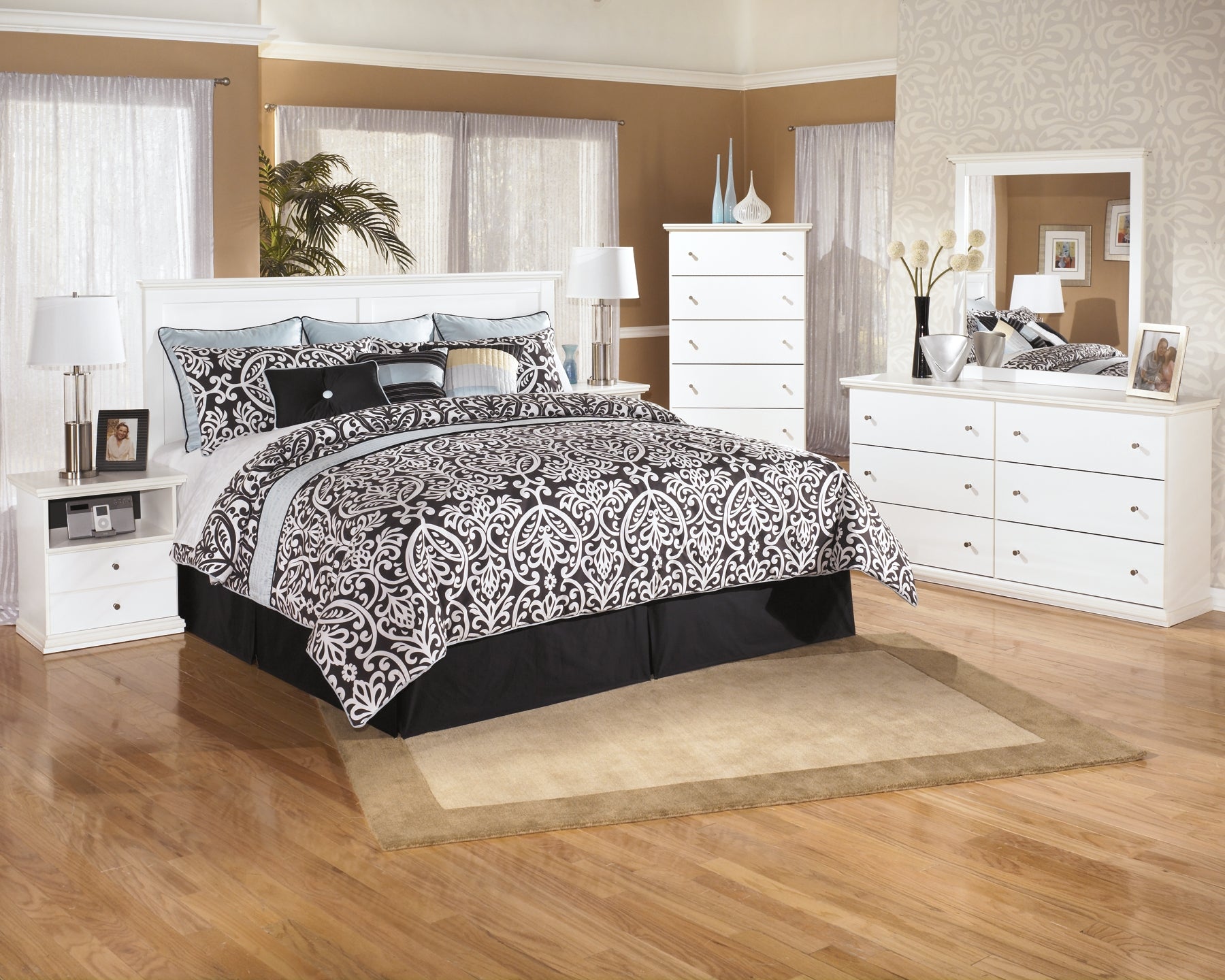 Bostwick Shoals King/California King Panel Headboard with Mirrored Dresser, Chest and Nightstand at Walker Mattress and Furniture Locations in Cedar Park and Belton TX.