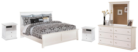 Bostwick Shoals King Panel Bed with Mirrored Dresser and 2 Nightstands at Walker Mattress and Furniture Locations in Cedar Park and Belton TX.