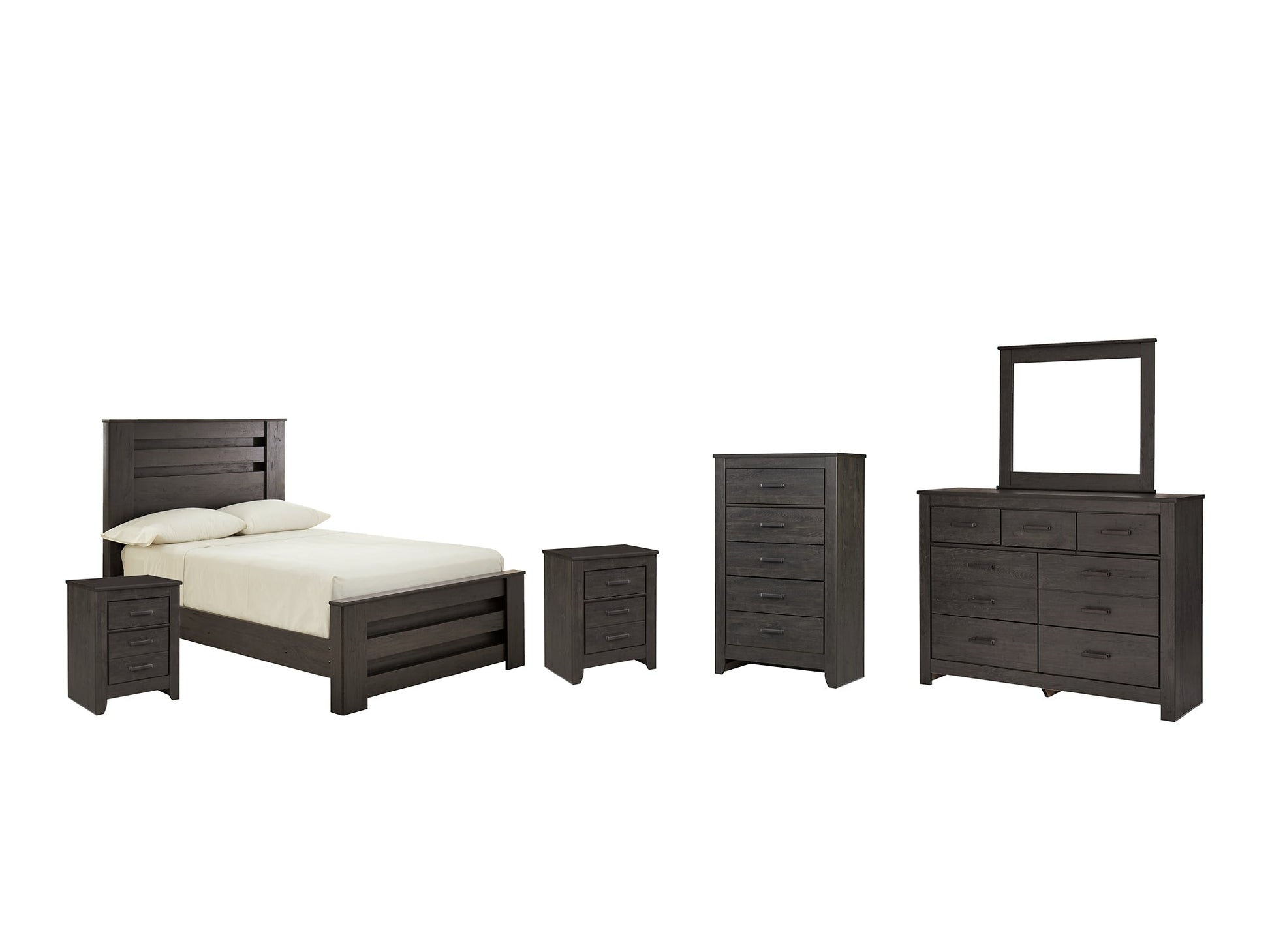 Brinxton Full Panel Bed with Mirrored Dresser, Chest and 2 Nightstands at Walker Mattress and Furniture Locations in Cedar Park and Belton TX.