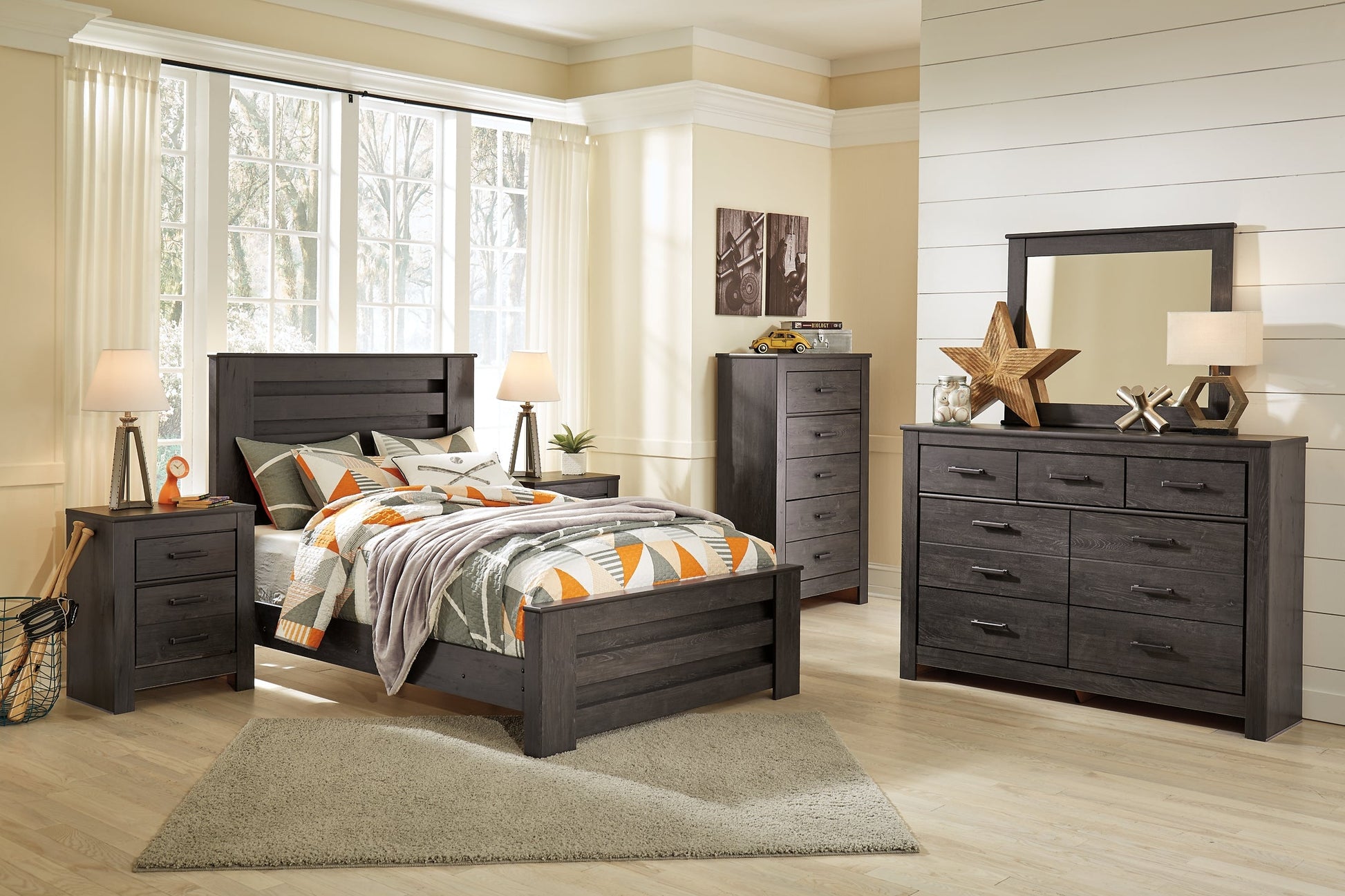 Brinxton Full Panel Bed with Mirrored Dresser, Chest and Nightstand at Walker Mattress and Furniture Locations in Cedar Park and Belton TX.