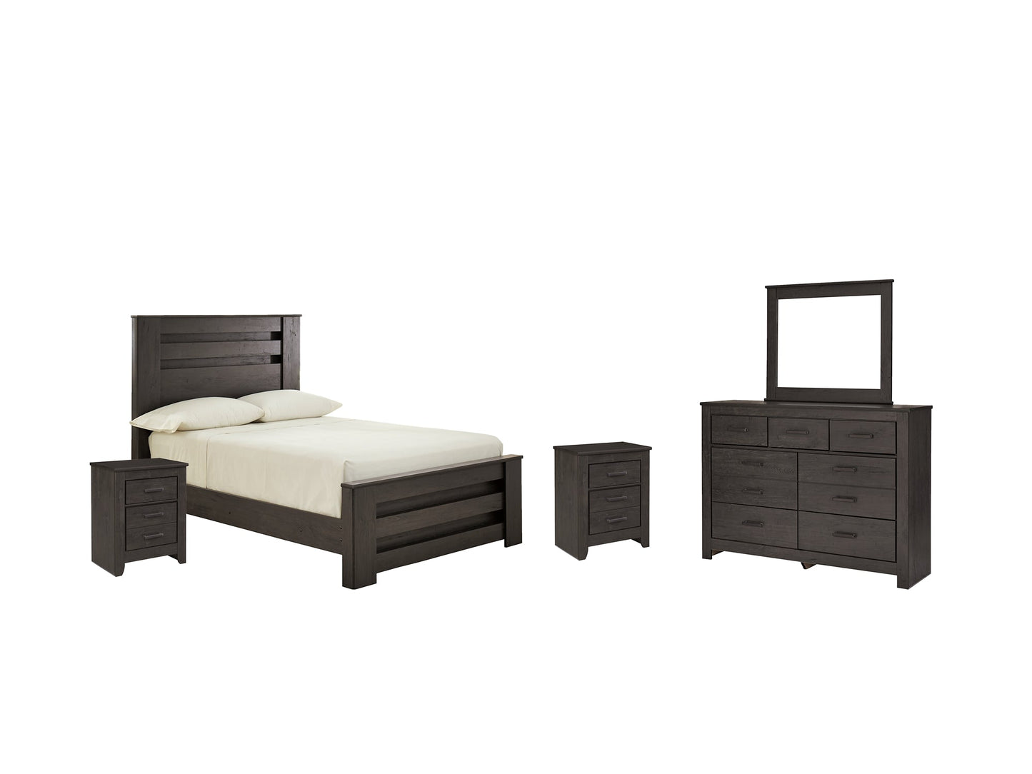 Brinxton Full Panel Bed with Mirrored Dresser and 2 Nightstands at Walker Mattress and Furniture Locations in Cedar Park and Belton TX.