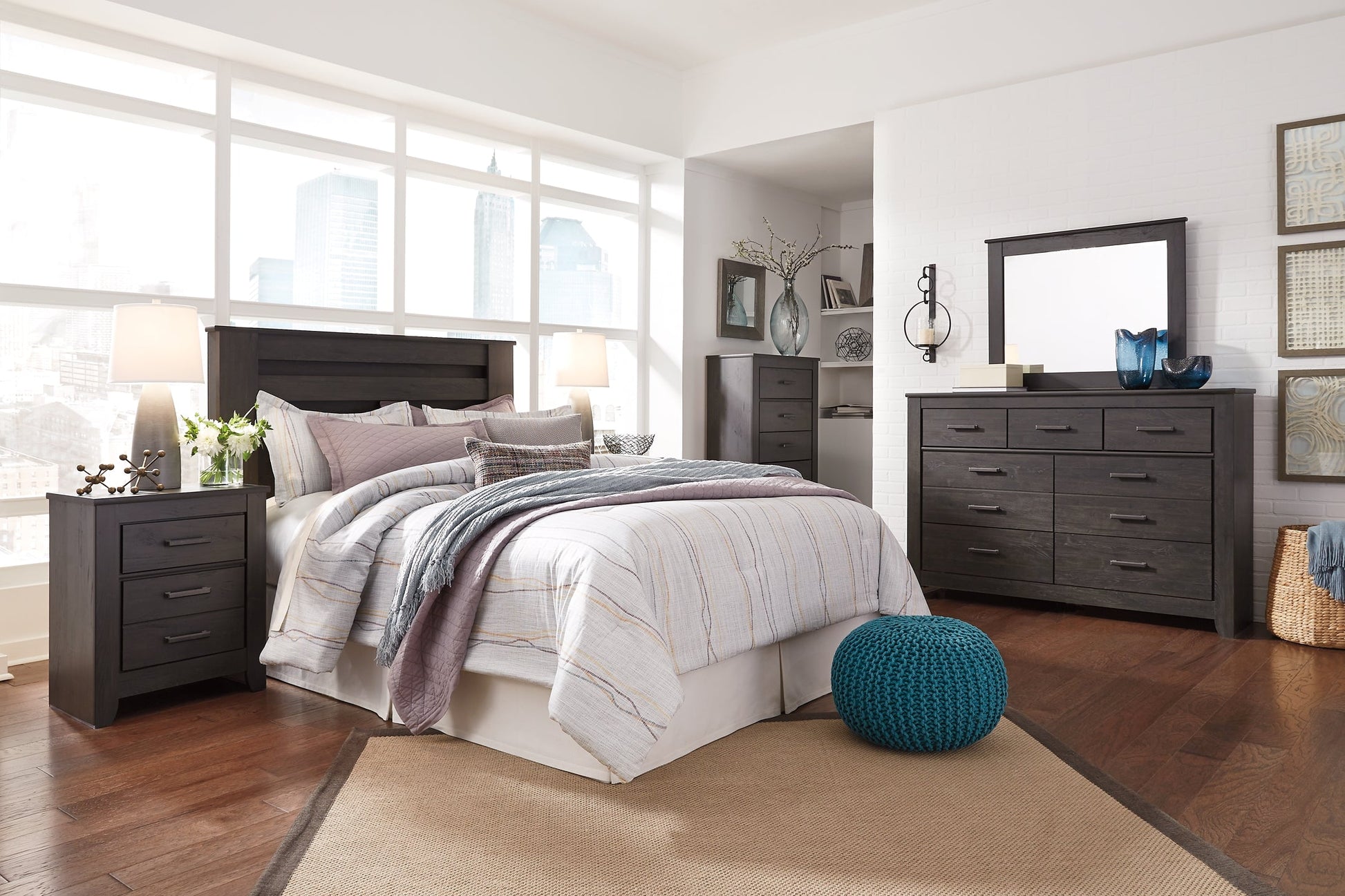 Brinxton King/California King Panel Headboard with Mirrored Dresser, Chest and Nightstand at Walker Mattress and Furniture Locations in Cedar Park and Belton TX.