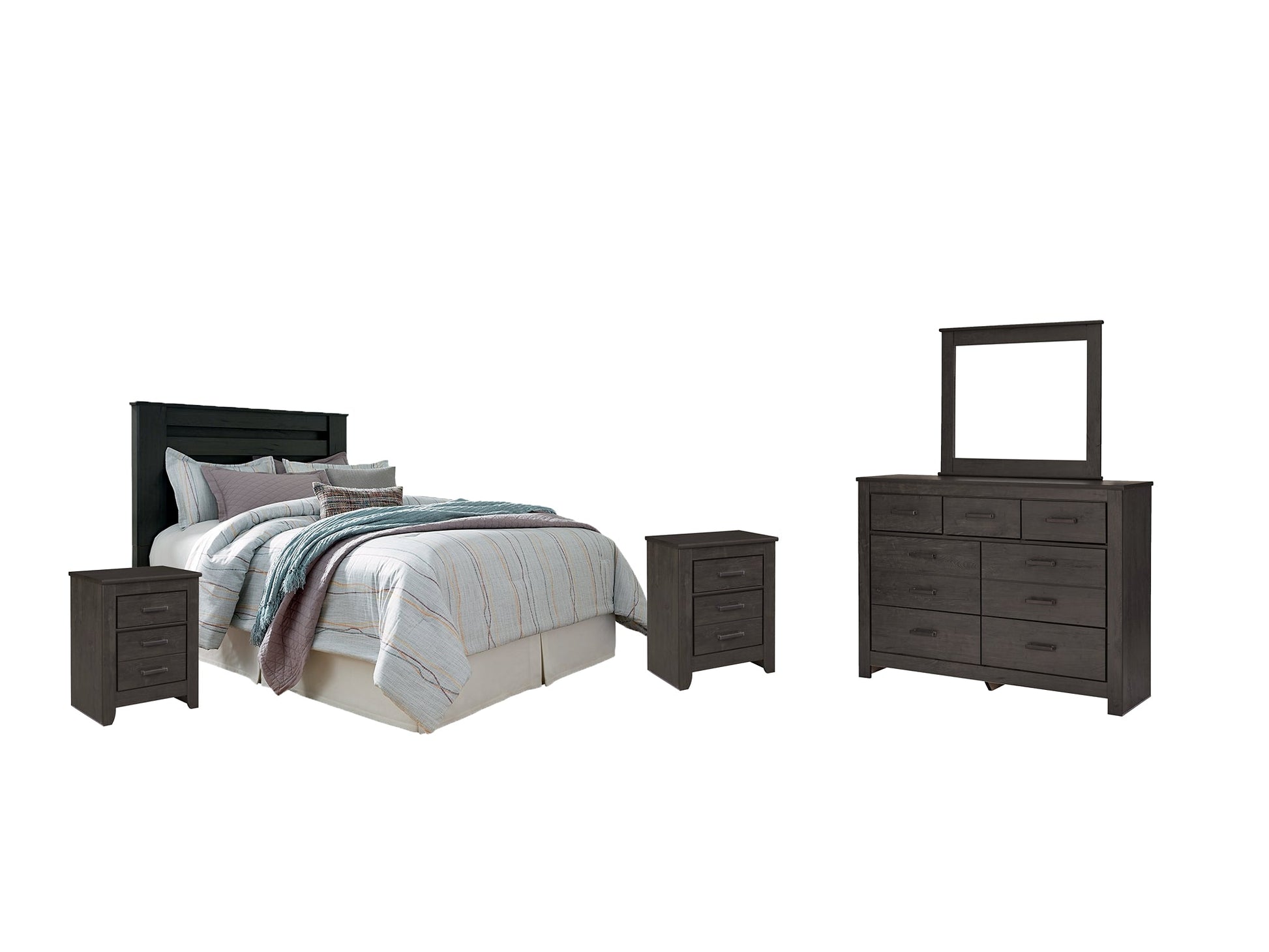 Brinxton King/California King Panel Headboard with Mirrored Dresser and 2 Nightstands at Walker Mattress and Furniture Locations in Cedar Park and Belton TX.