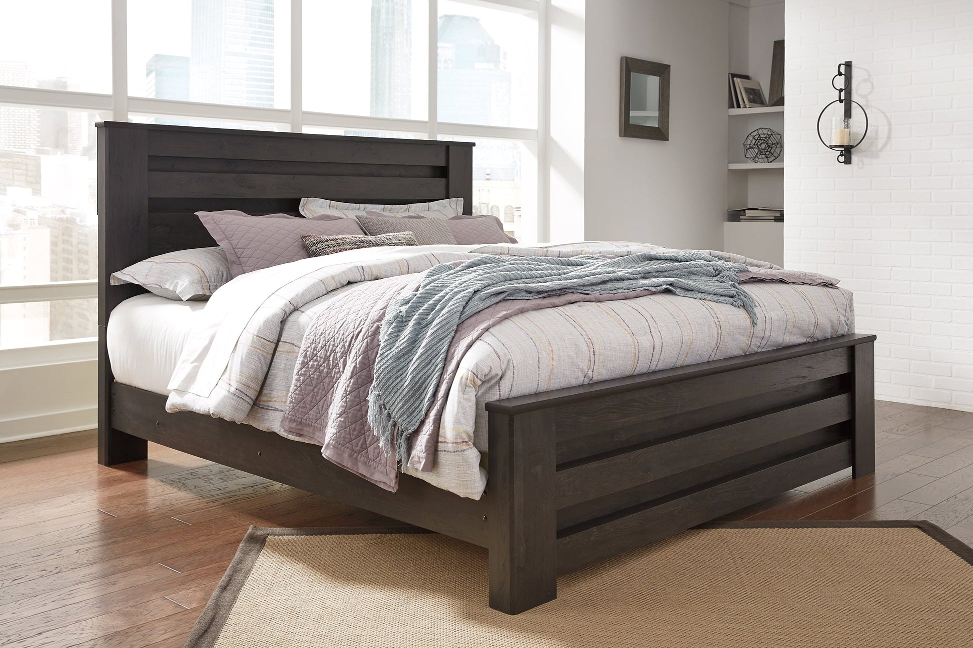 Brinxton King/California King Panel Headboard with Mirrored Dresser and 2 Nightstands at Walker Mattress and Furniture Locations in Cedar Park and Belton TX.