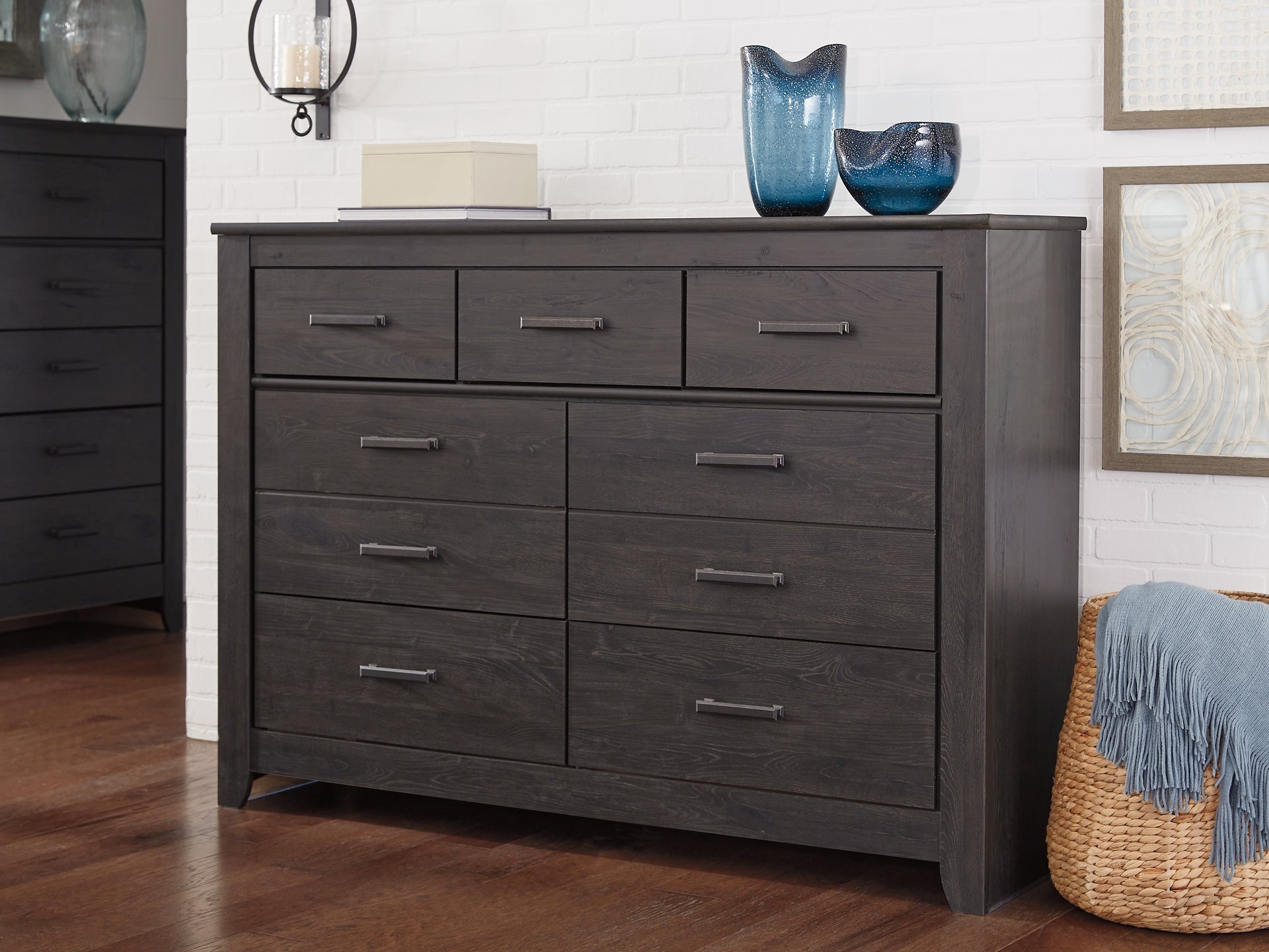 Brinxton King/California King Panel Headboard with Mirrored Dresser and 2 Nightstands at Walker Mattress and Furniture Locations in Cedar Park and Belton TX.