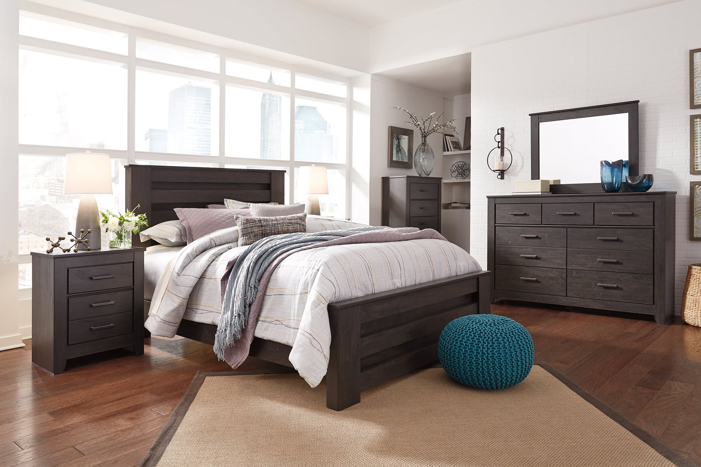 Brinxton King Panel Bed with Mirrored Dresser, Chest and 2 Nightstands at Walker Mattress and Furniture Locations in Cedar Park and Belton TX.
