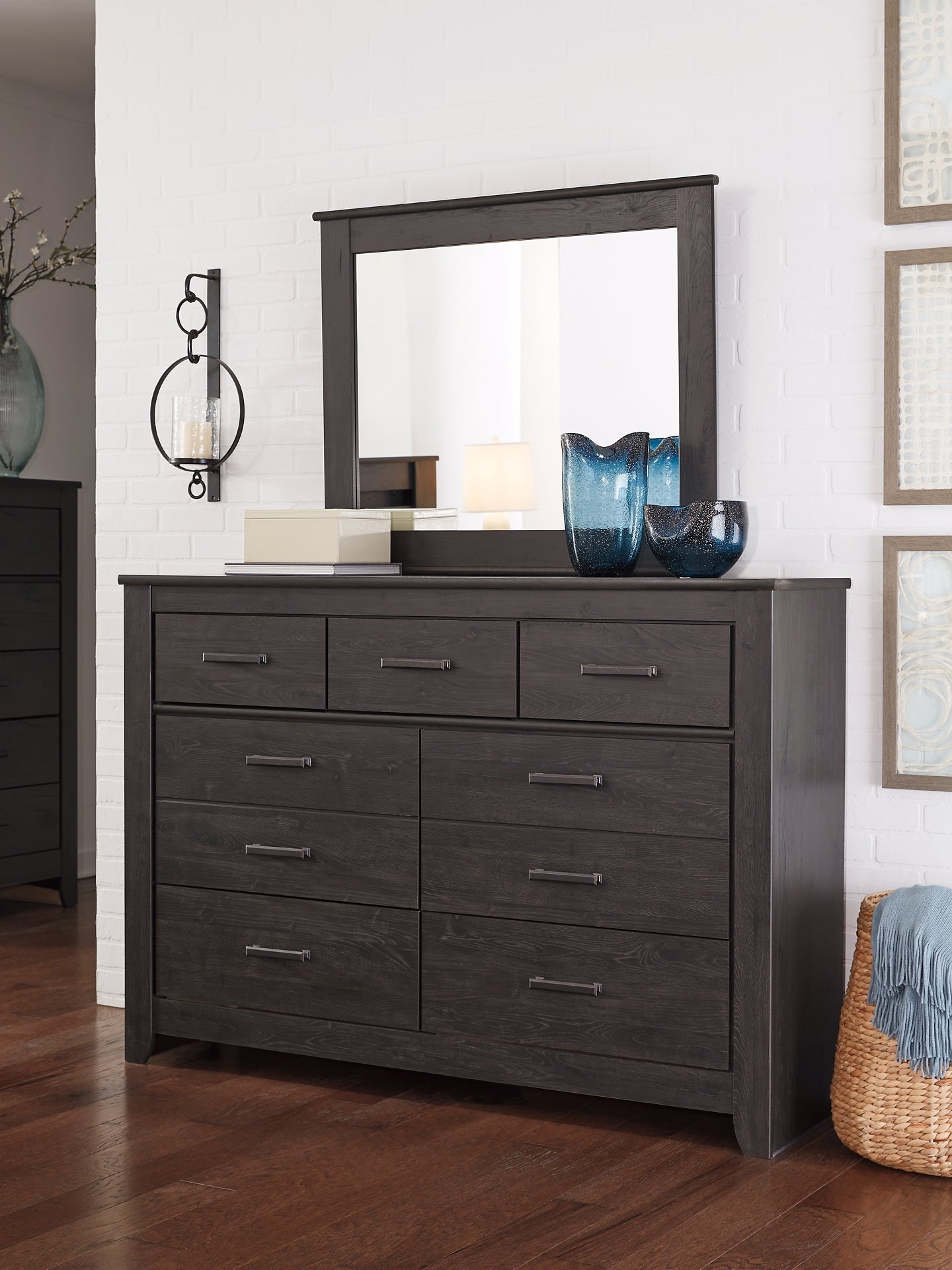 Brinxton King Panel Bed with Mirrored Dresser, Chest and 2 Nightstands at Walker Mattress and Furniture Locations in Cedar Park and Belton TX.