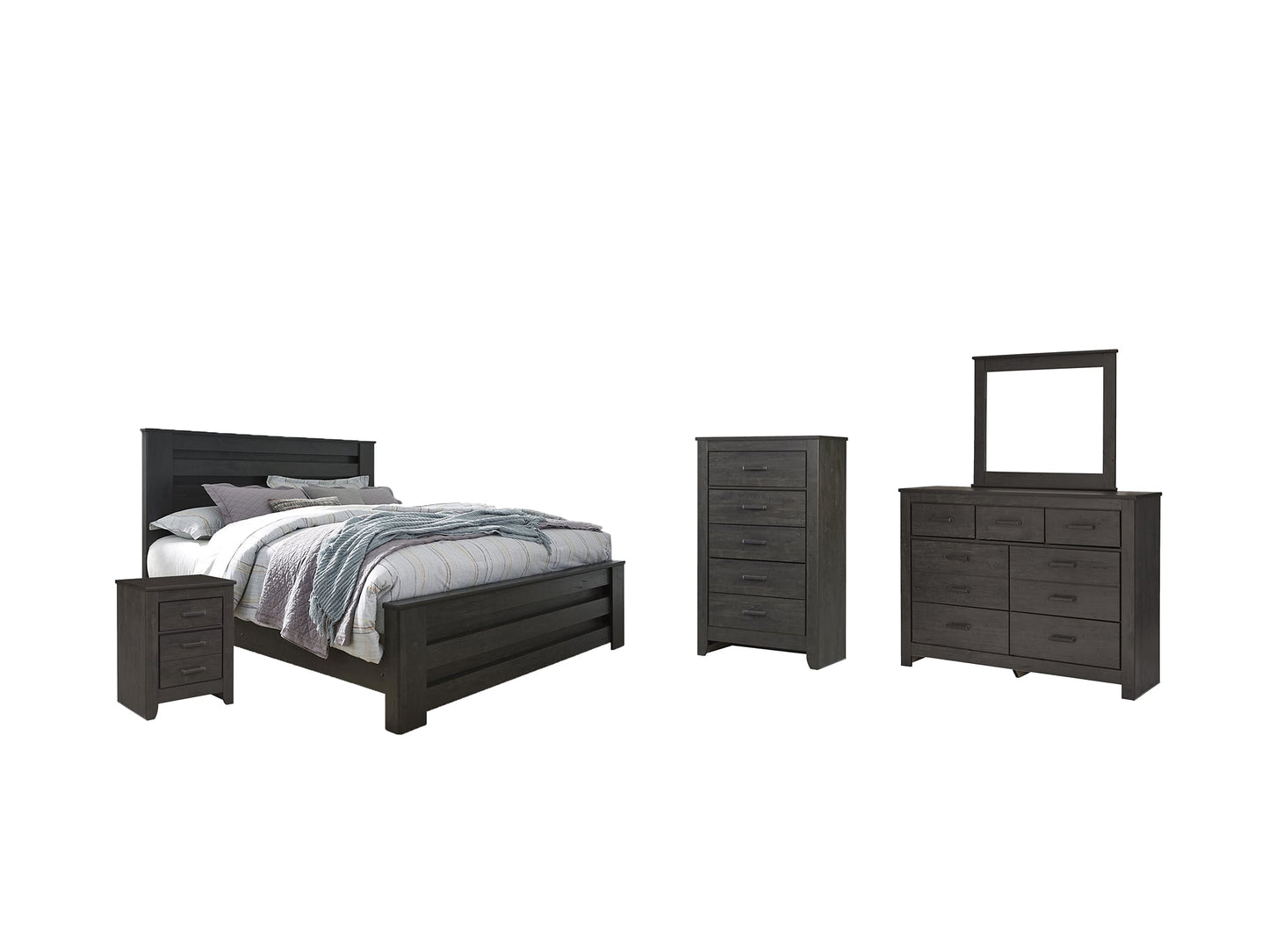 Brinxton King Panel Bed with Mirrored Dresser, Chest and Nightstand at Walker Mattress and Furniture Locations in Cedar Park and Belton TX.