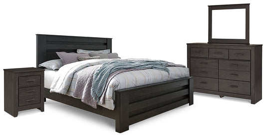 Brinxton King Panel Bed with Mirrored Dresser and Nightstand at Walker Mattress and Furniture Locations in Cedar Park and Belton TX.