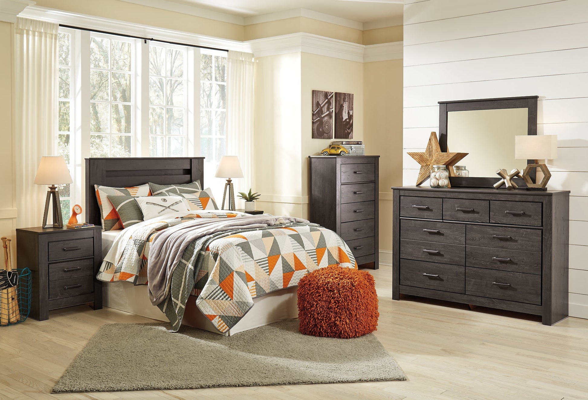 Brinxton Queen/Full Panel Headboard with Mirrored Dresser, Chest and Nightstand at Walker Mattress and Furniture Locations in Cedar Park and Belton TX.