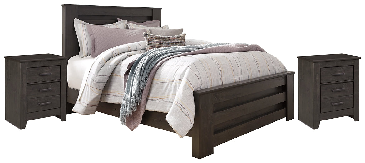 Brinxton Queen Panel Bed with 2 Nightstands at Walker Mattress and Furniture Locations in Cedar Park and Belton TX.
