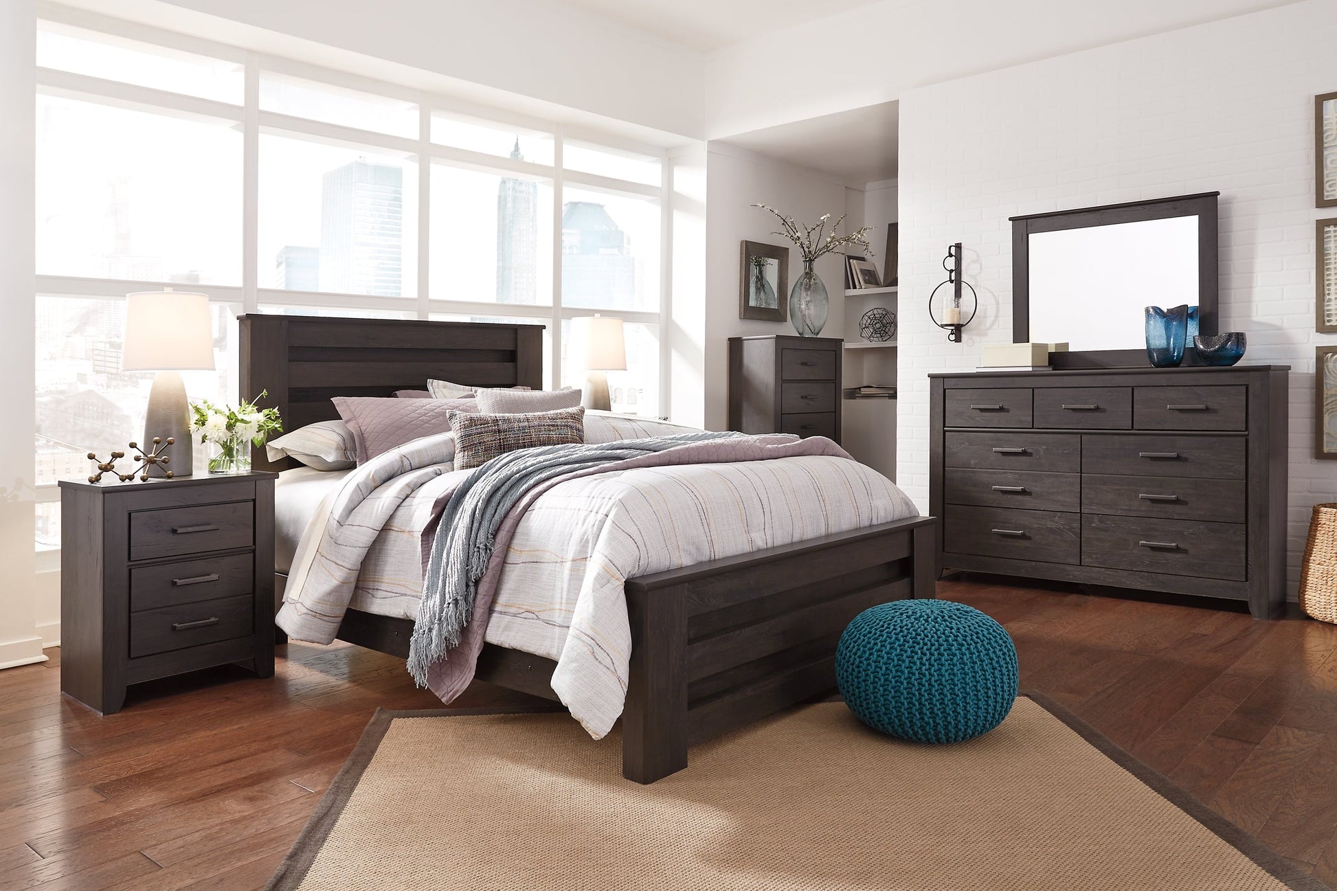 Brinxton Queen Panel Bed with Mirrored Dresser, Chest and 2 Nightstands at Walker Mattress and Furniture Locations in Cedar Park and Belton TX.