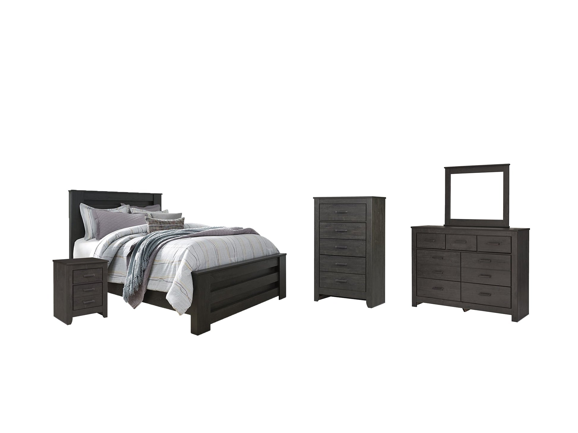 Brinxton Queen Panel Bed with Mirrored Dresser, Chest and Nightstand at Walker Mattress and Furniture Locations in Cedar Park and Belton TX.