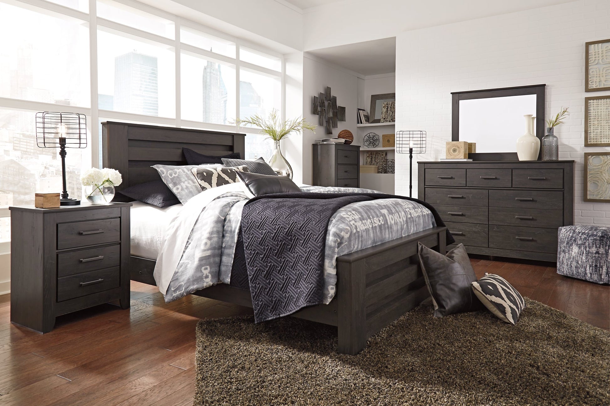 Brinxton Queen Panel Bed with Mirrored Dresser at Walker Mattress and Furniture Locations in Cedar Park and Belton TX.