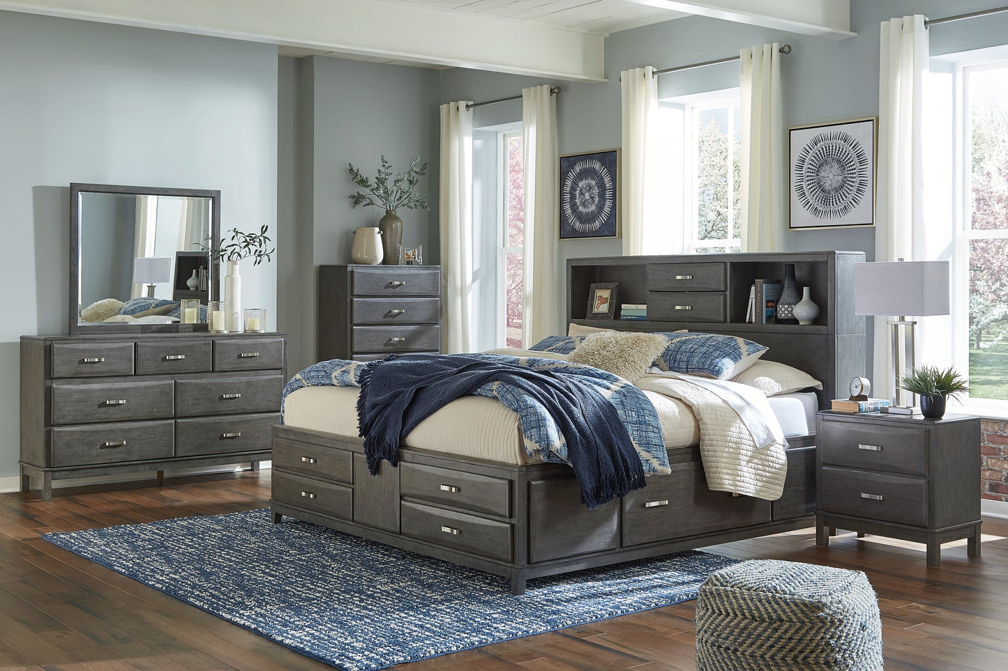 Caitbrook Queen Storage Bed with 8 Storage Drawers with Mirrored Dresser, Chest and 2 Nightstands at Walker Mattress and Furniture Locations in Cedar Park and Belton TX.