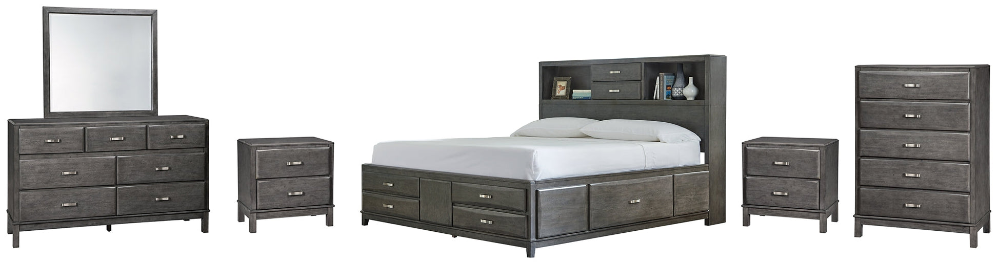 Caitbrook Queen Storage Bed with 8 Storage Drawers with Mirrored Dresser, Chest and 2 Nightstands at Walker Mattress and Furniture Locations in Cedar Park and Belton TX.