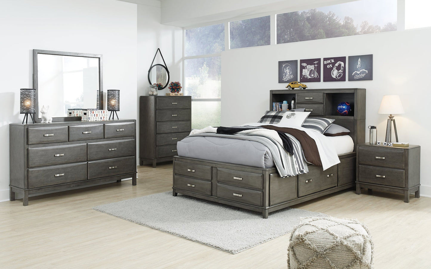 Caitbrook Queen Storage Bed with 8 Storage Drawers with Mirrored Dresser and 2 Nightstands at Walker Mattress and Furniture Locations in Cedar Park and Belton TX.