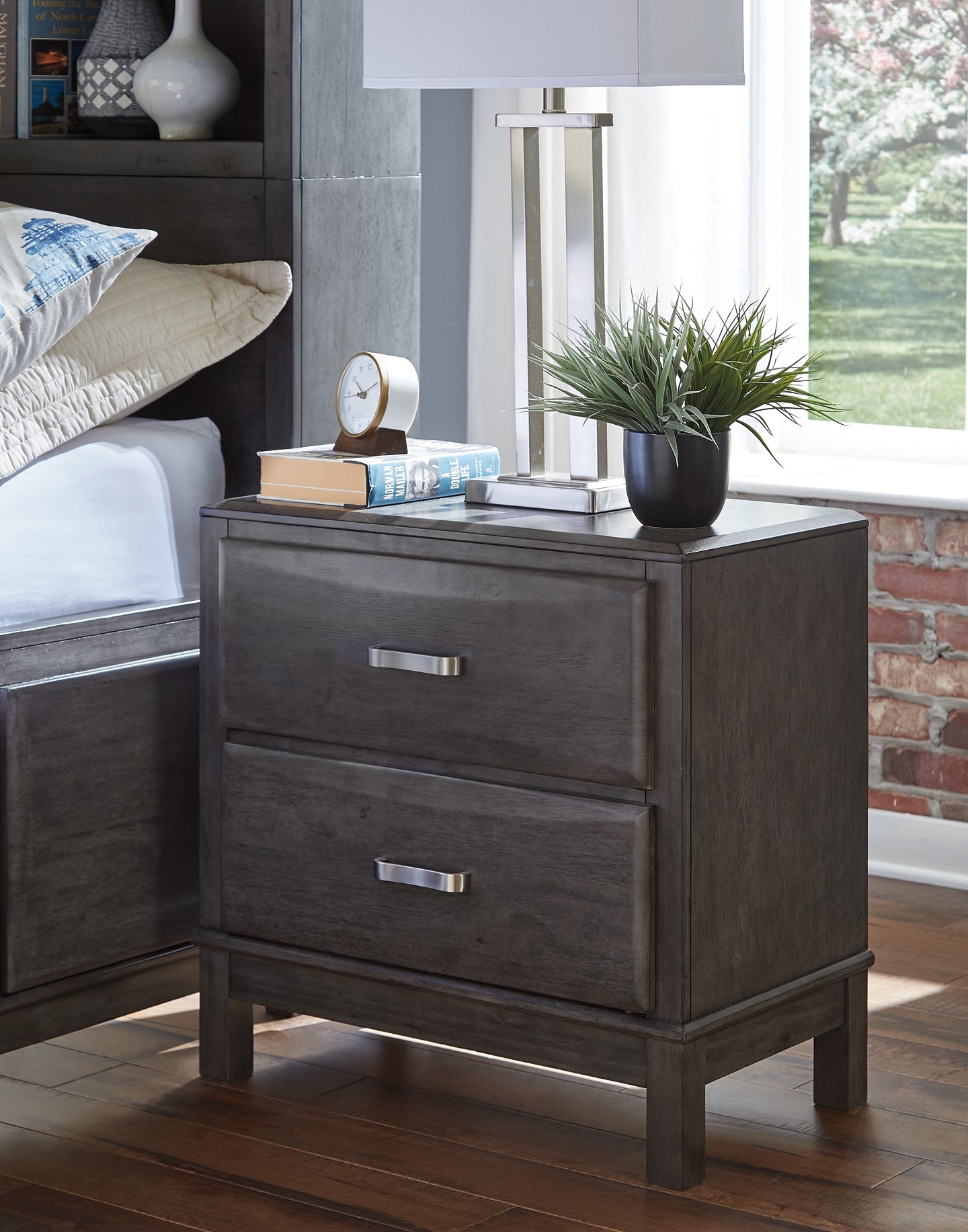 Caitbrook Two Drawer Night Stand at Walker Mattress and Furniture Locations in Cedar Park and Belton TX.