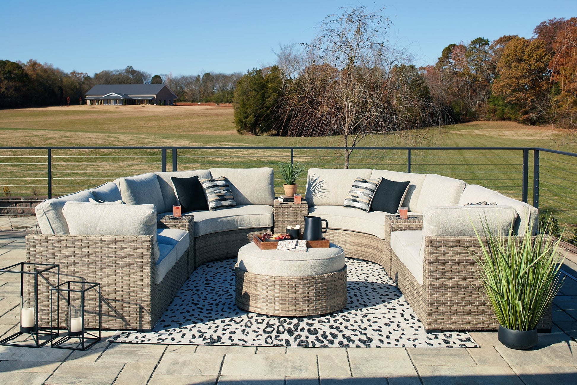 Calworth Outdoor 9-Piece Sectional with Ottoman at Walker Mattress and Furniture Locations in Cedar Park and Belton TX.