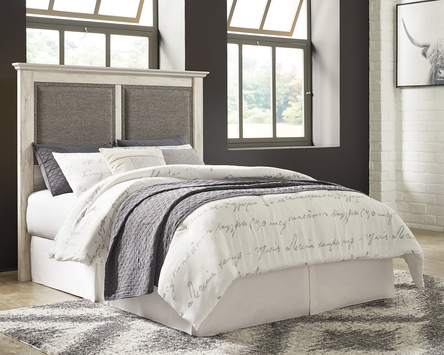 Cambeck King/California King Upholstered Panel Headboard with Mirrored Dresser, Chest and 2 Nightstands at Walker Mattress and Furniture Locations in Cedar Park and Belton TX.
