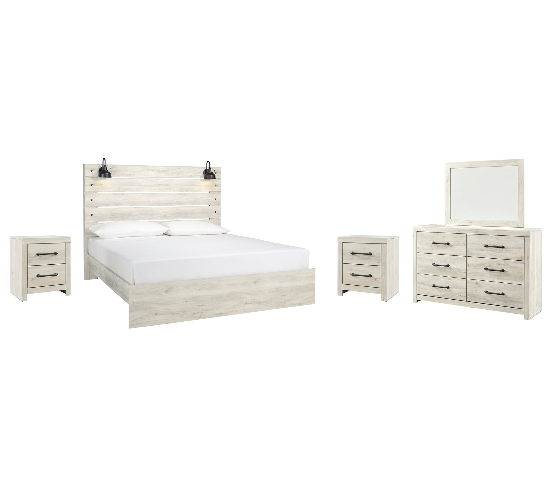 Cambeck King Panel Bed with Mirrored Dresser and 2 Nightstands at Walker Mattress and Furniture Locations in Cedar Park and Belton TX.