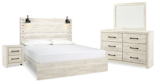 Cambeck King Panel Bed with Mirrored Dresser and Nightstand at Walker Mattress and Furniture Locations in Cedar Park and Belton TX.