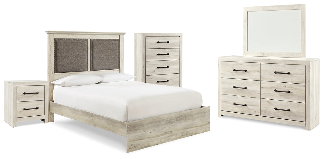 Cambeck King Upholstered Panel Bed with Mirrored Dresser, Chest and Nightstand at Walker Mattress and Furniture Locations in Cedar Park and Belton TX.
