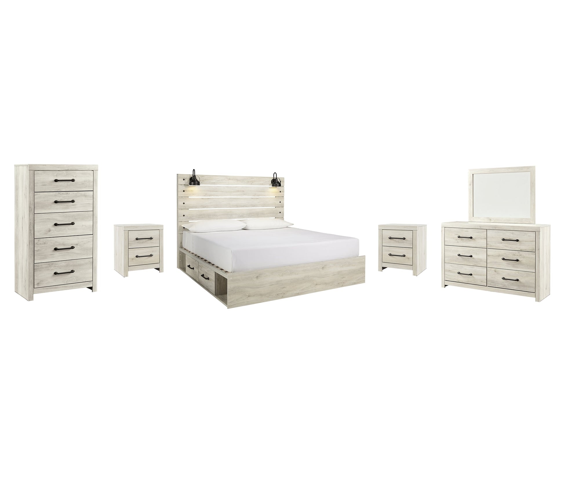 Cambeck Queen Panel Bed with 2 Storage Drawers with Mirrored Dresser, Chest and 2 Nightstands at Walker Mattress and Furniture Locations in Cedar Park and Belton TX.
