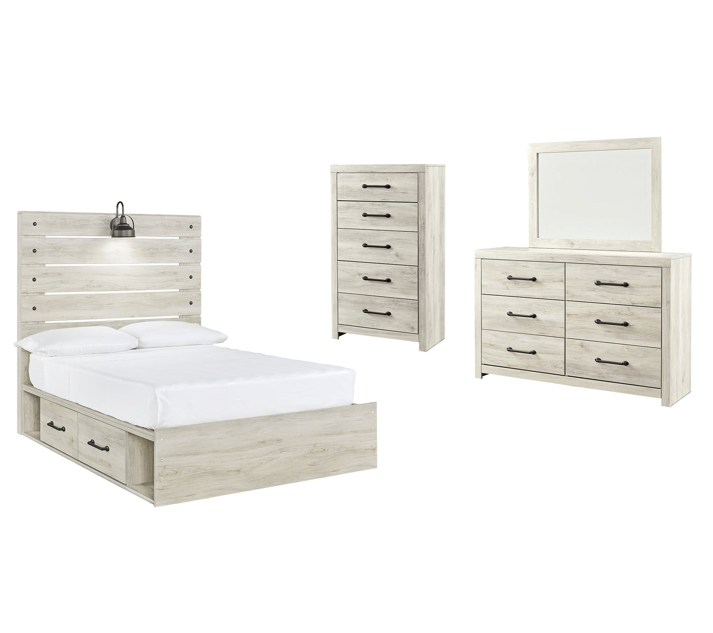 Cambeck Queen Panel Bed with 2 Storage Drawers with Mirrored Dresser and Chest at Walker Mattress and Furniture Locations in Cedar Park and Belton TX.