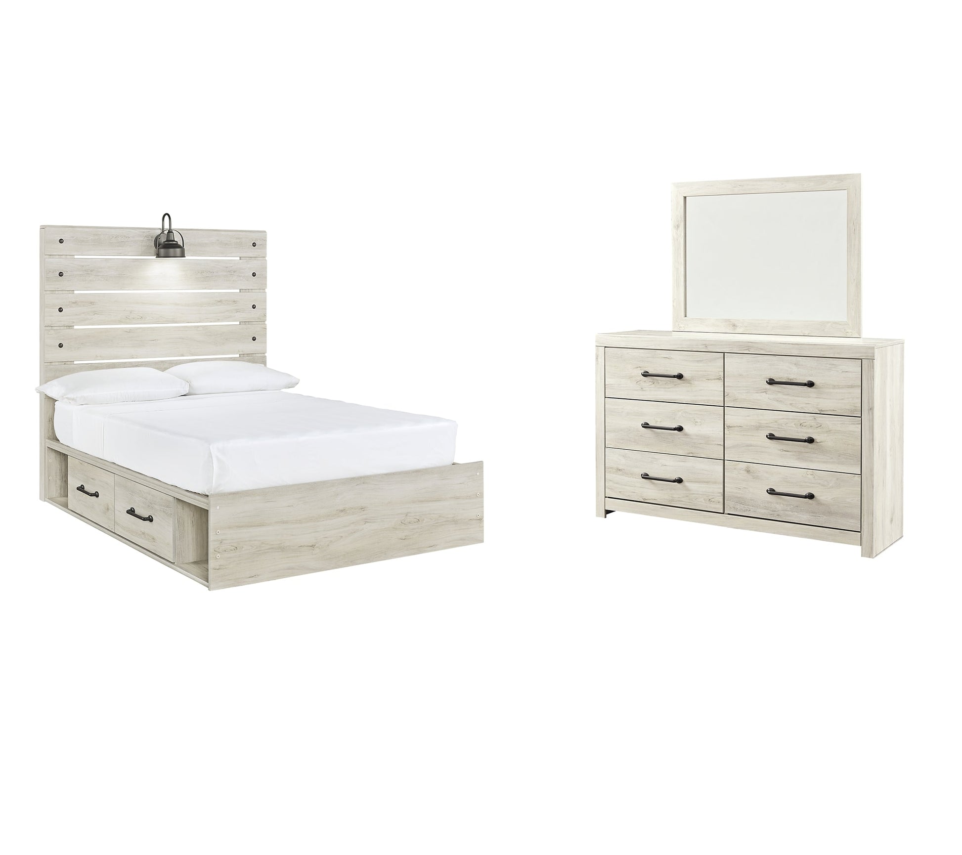 Cambeck Queen Panel Bed with 2 Storage Drawers with Mirrored Dresser at Walker Mattress and Furniture Locations in Cedar Park and Belton TX.