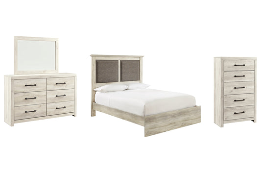 Cambeck Queen Upholstered Panel Bed with Mirrored Dresser and Chest at Walker Mattress and Furniture Locations in Cedar Park and Belton TX.