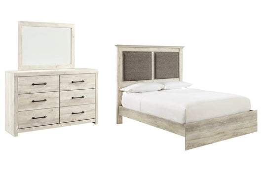 Cambeck Queen Upholstered Panel Bed with Mirrored Dresser at Walker Mattress and Furniture Locations in Cedar Park and Belton TX.