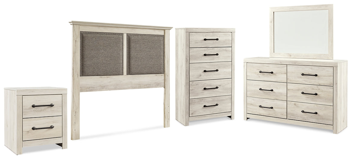 Cambeck Queen Upholstered Panel Headboard with Mirrored Dresser, Chest and Nightstand at Walker Mattress and Furniture Locations in Cedar Park and Belton TX.