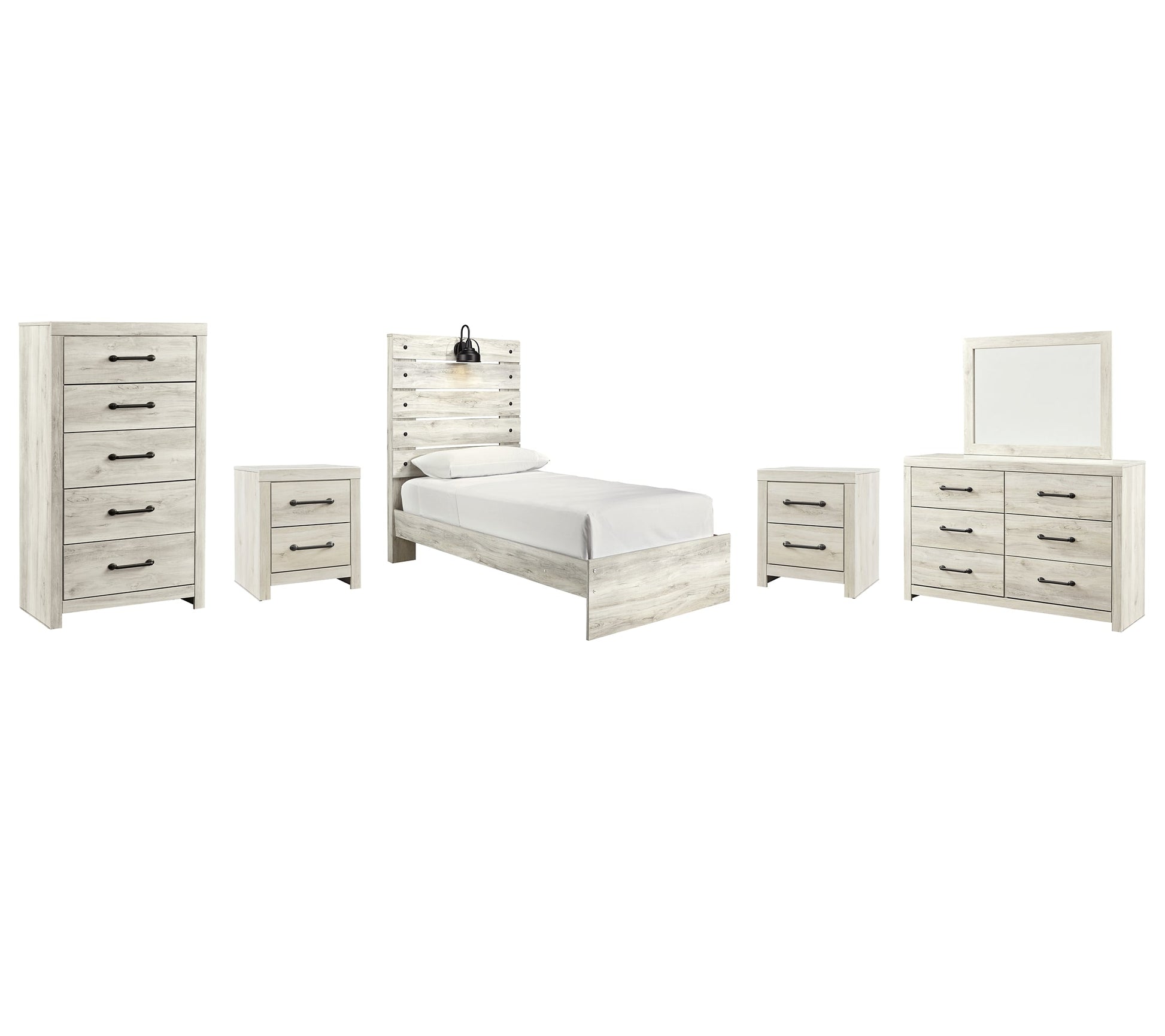 Cambeck Twin Panel Bed with Mirrored Dresser, Chest and 2 Nightstands at Walker Mattress and Furniture Locations in Cedar Park and Belton TX.