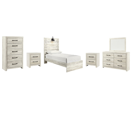 Cambeck Twin Panel Bed with Mirrored Dresser, Chest and 2 Nightstands at Walker Mattress and Furniture Locations in Cedar Park and Belton TX.