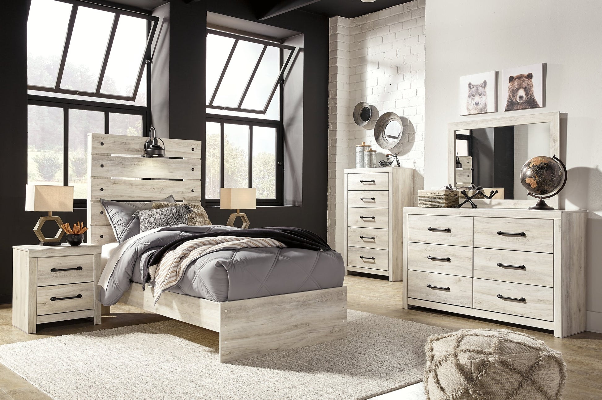 Cambeck Twin Panel Bed with Mirrored Dresser, Chest and 2 Nightstands at Walker Mattress and Furniture Locations in Cedar Park and Belton TX.
