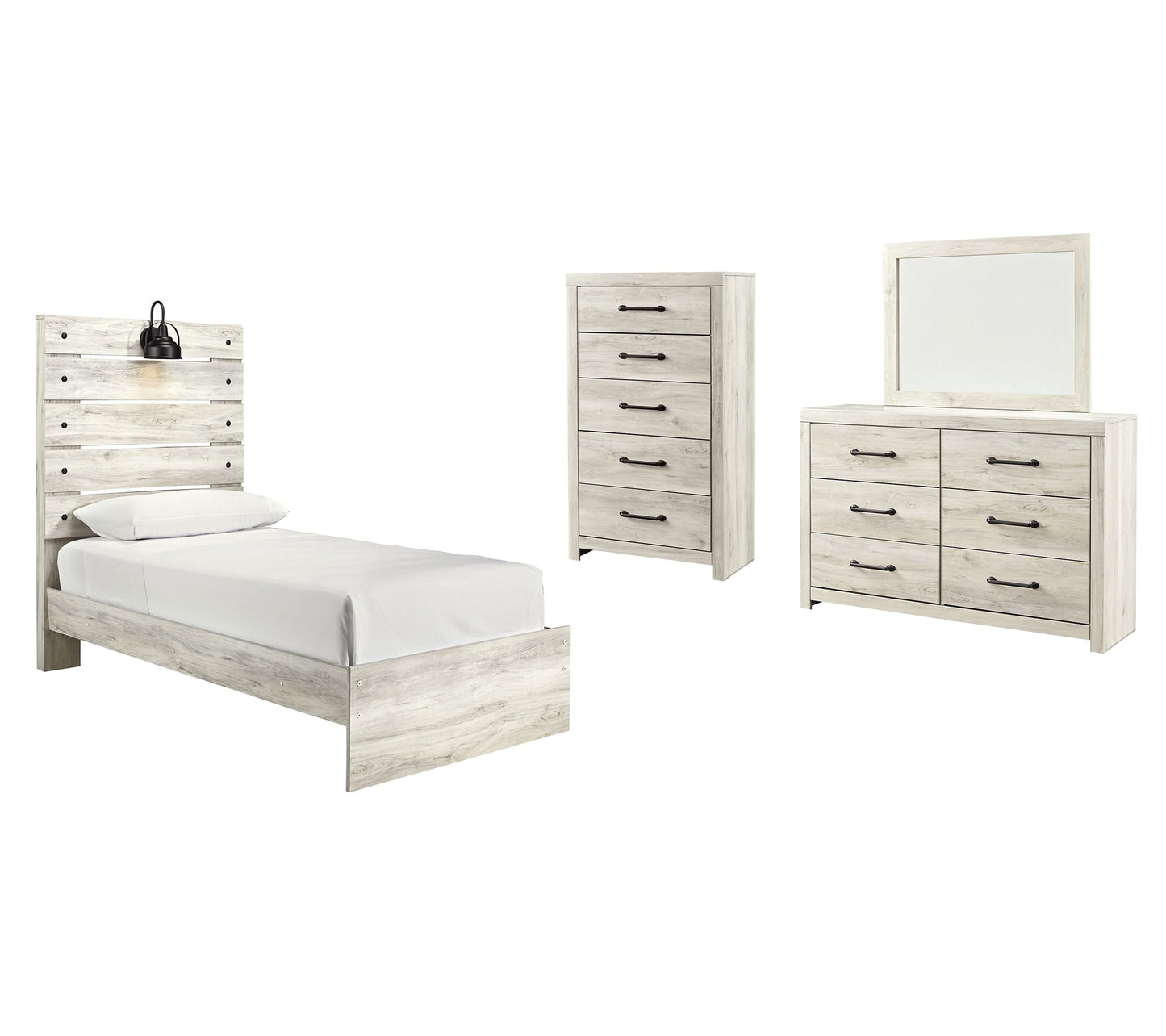 Cambeck Twin Panel Bed with Mirrored Dresser and Chest at Walker Mattress and Furniture Locations in Cedar Park and Belton TX.