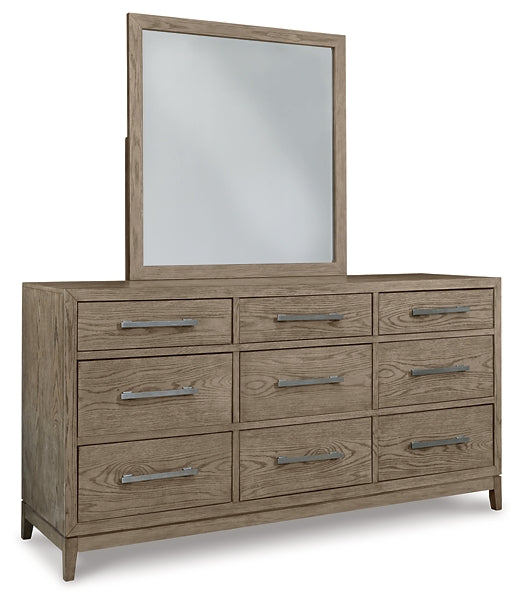 Chrestner California King Panel Bed with Mirrored Dresser and Chest at Walker Mattress and Furniture Locations in Cedar Park and Belton TX.