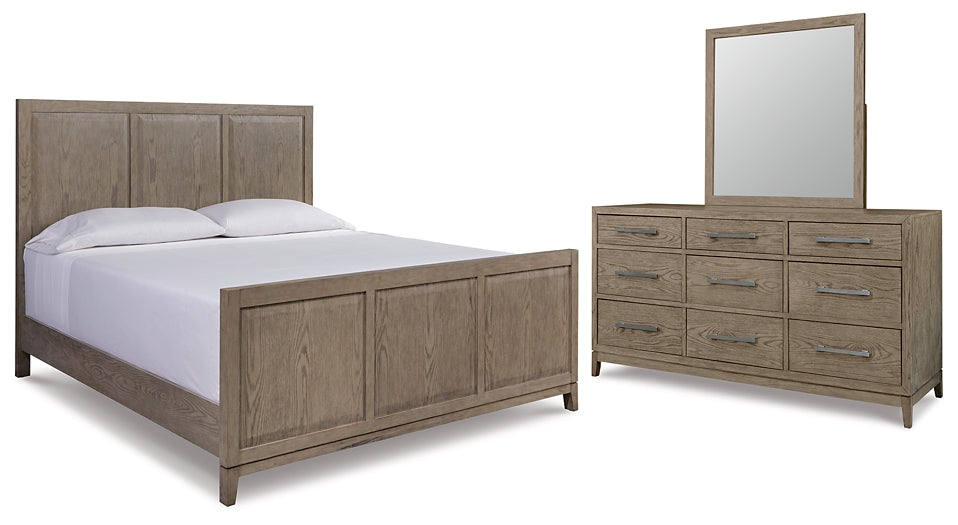 Chrestner King Panel Bed with Mirrored Dresser at Walker Mattress and Furniture Locations in Cedar Park and Belton TX.