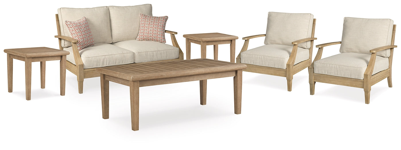 Clare View Outdoor Loveseat and 2 Lounge Chairs with Coffee Table and 2 End Tables at Walker Mattress and Furniture Locations in Cedar Park and Belton TX.
