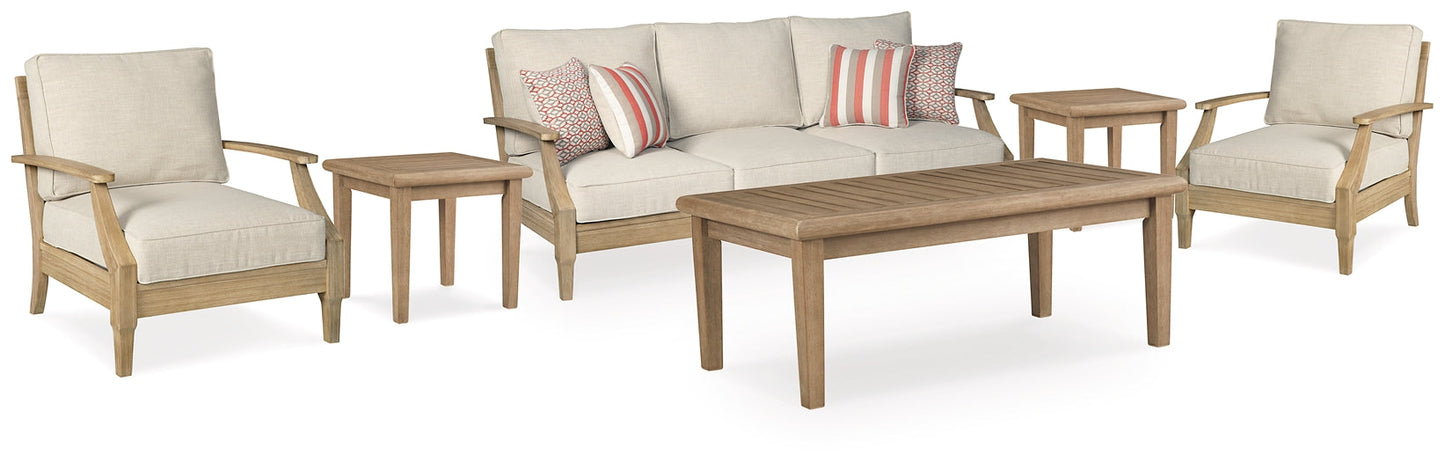 Clare View Outdoor Sofa and  2 Lounge Chairs with Coffee Table and 2 End Tables at Walker Mattress and Furniture Locations in Cedar Park and Belton TX.